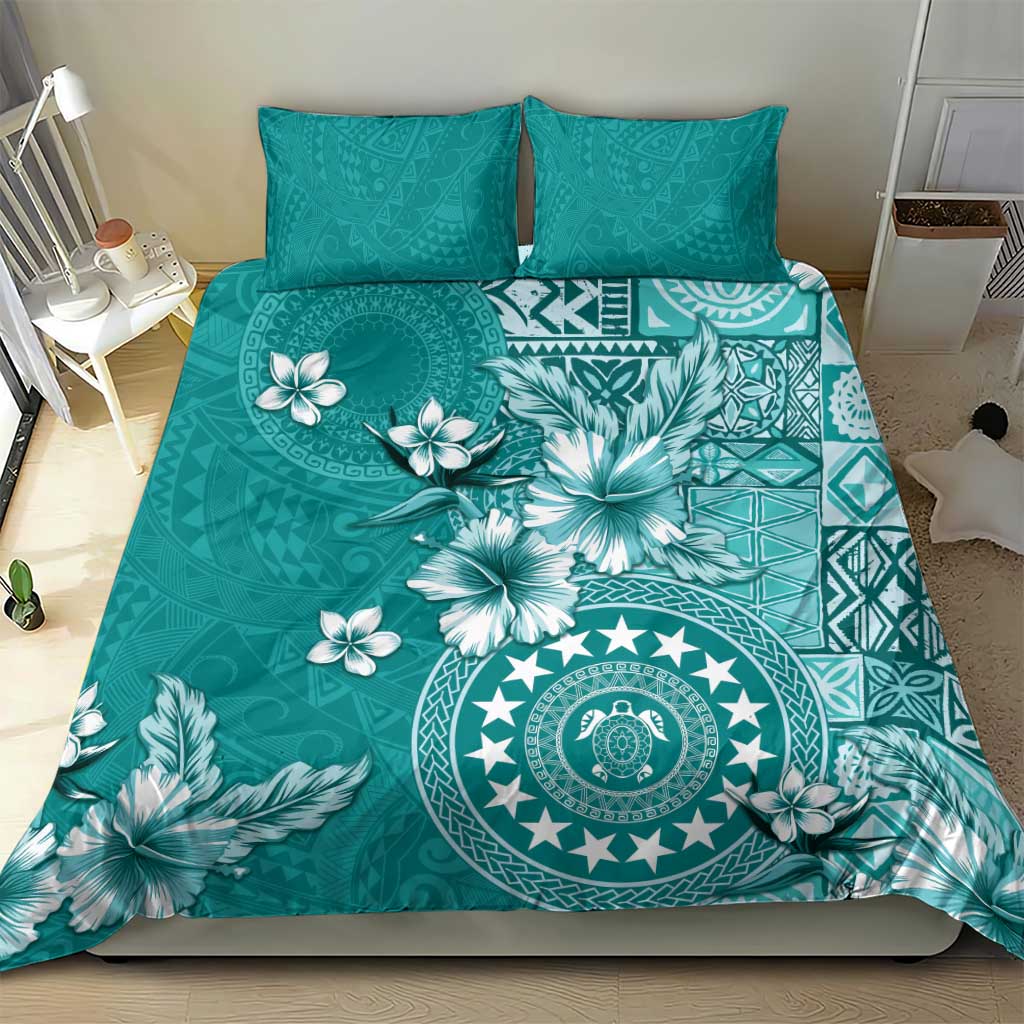Cook Islands Bedding Set Teal Hibiscus And Stars LT05 - Polynesian Pride