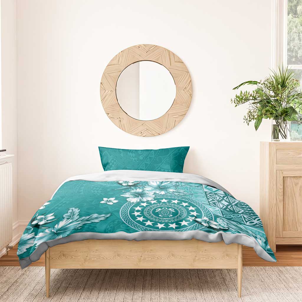 Cook Islands Bedding Set Teal Hibiscus And Stars LT05 - Polynesian Pride