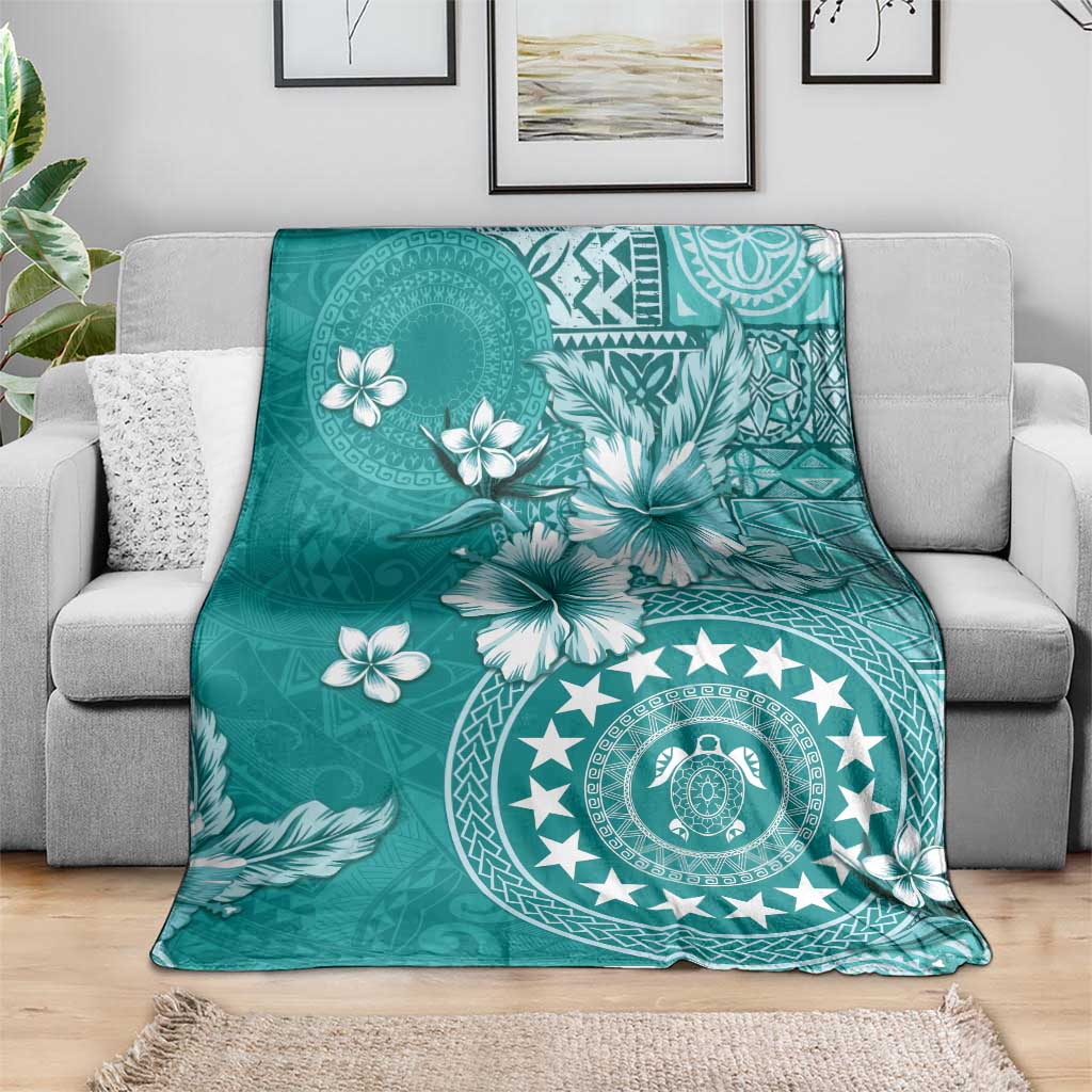 Cook Islands Blanket Teal Hibiscus And Stars