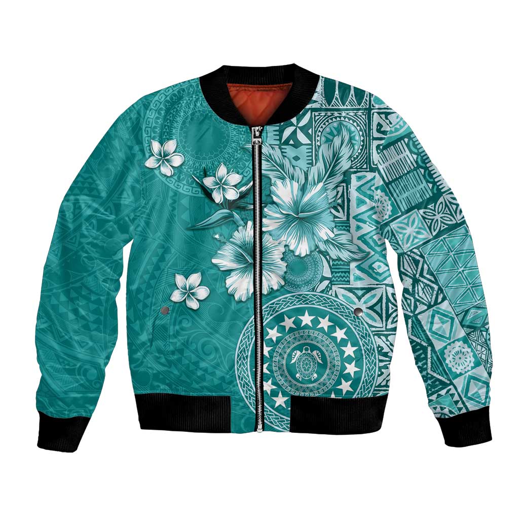 Cook Islands Bomber Jacket Teal Hibiscus And Stars
