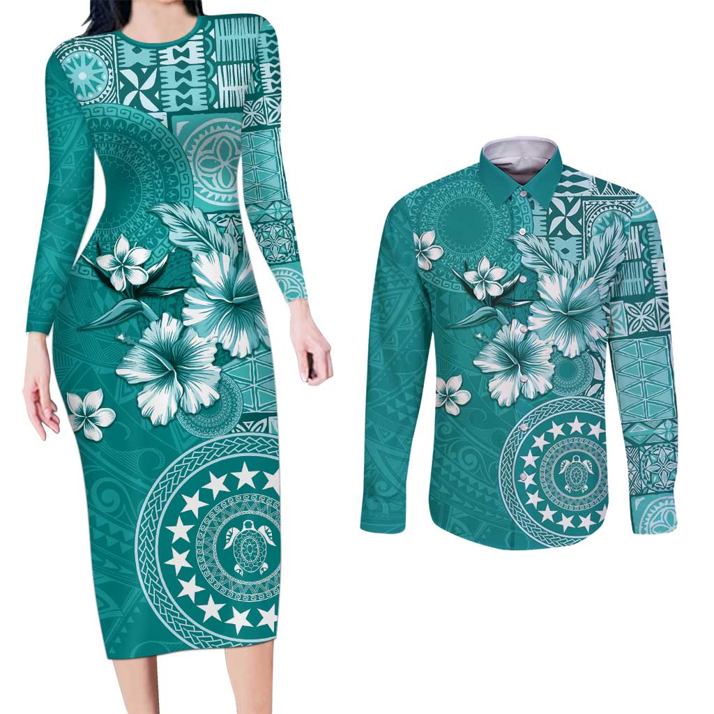 Cook Islands Couples Matching Long Sleeve Bodycon Dress and Long Sleeve Button Shirt Teal Hibiscus And Stars LT05 Teal - Polynesian Pride