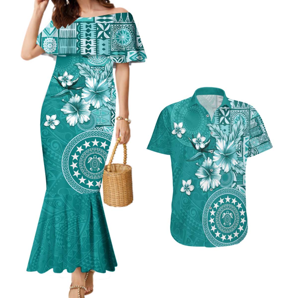 Cook Islands Couples Matching Mermaid Dress and Hawaiian Shirt Teal Hibiscus And Stars LT05 Teal - Polynesian Pride