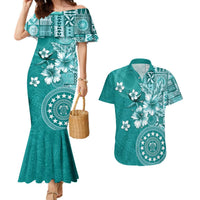 Cook Islands Couples Matching Mermaid Dress and Hawaiian Shirt Teal Hibiscus And Stars LT05 Teal - Polynesian Pride