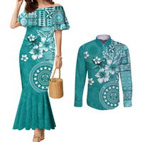 Cook Islands Couples Matching Mermaid Dress and Long Sleeve Button Shirt Teal Hibiscus And Stars LT05 Teal - Polynesian Pride