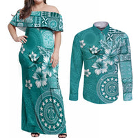 Cook Islands Couples Matching Off Shoulder Maxi Dress and Long Sleeve Button Shirt Teal Hibiscus And Stars LT05 Teal - Polynesian Pride