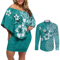 Cook Islands Couples Matching Off Shoulder Short Dress and Long Sleeve Button Shirt Teal Hibiscus And Stars LT05 Teal - Polynesian Pride