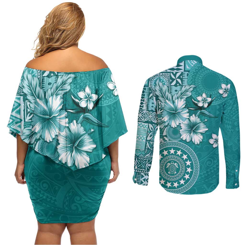 Cook Islands Couples Matching Off Shoulder Short Dress and Long Sleeve Button Shirt Teal Hibiscus And Stars LT05 - Polynesian Pride