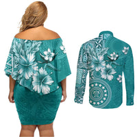Cook Islands Couples Matching Off Shoulder Short Dress and Long Sleeve Button Shirt Teal Hibiscus And Stars LT05 - Polynesian Pride
