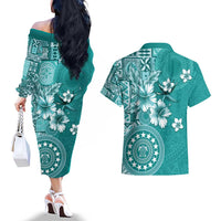 Cook Islands Couples Matching Off The Shoulder Long Sleeve Dress and Hawaiian Shirt Teal Hibiscus And Stars