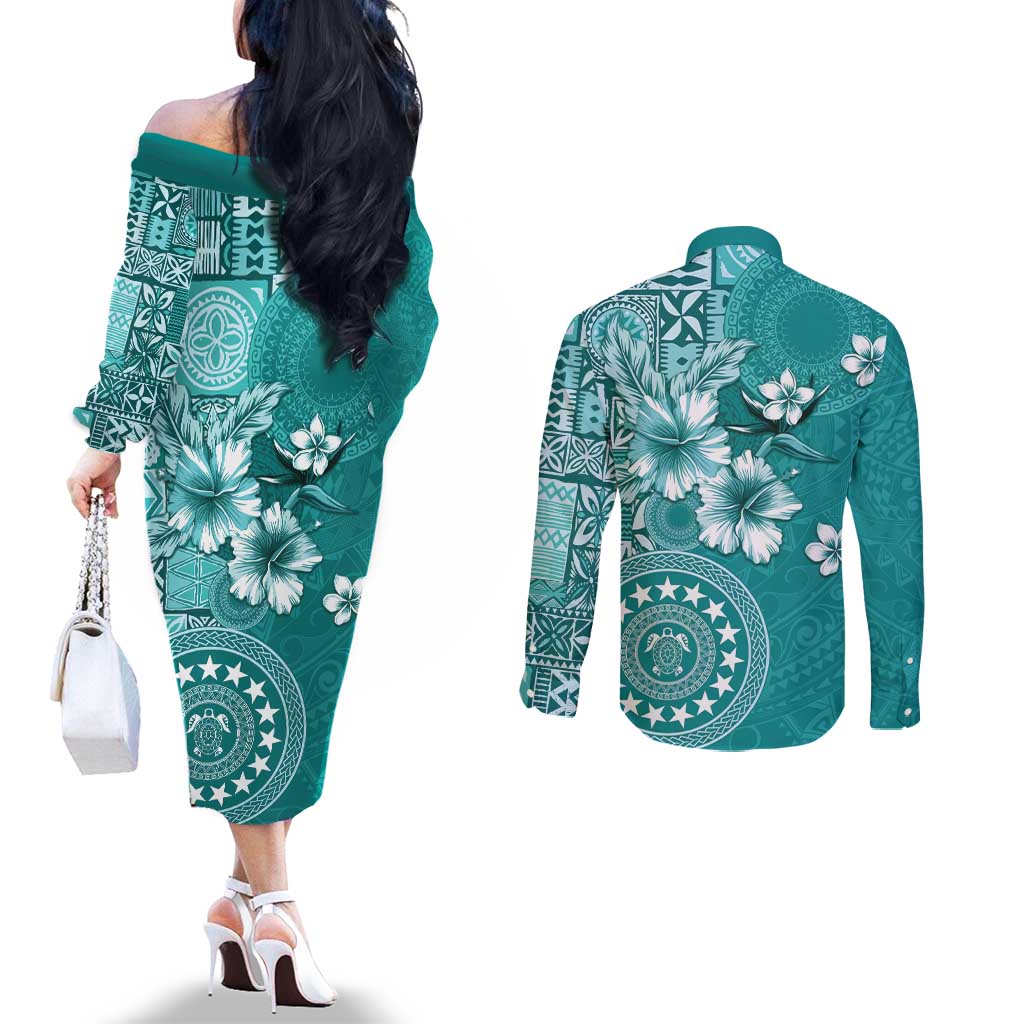 Cook Islands Couples Matching Off The Shoulder Long Sleeve Dress and Long Sleeve Button Shirt Teal Hibiscus And Stars LT05 - Polynesian Pride