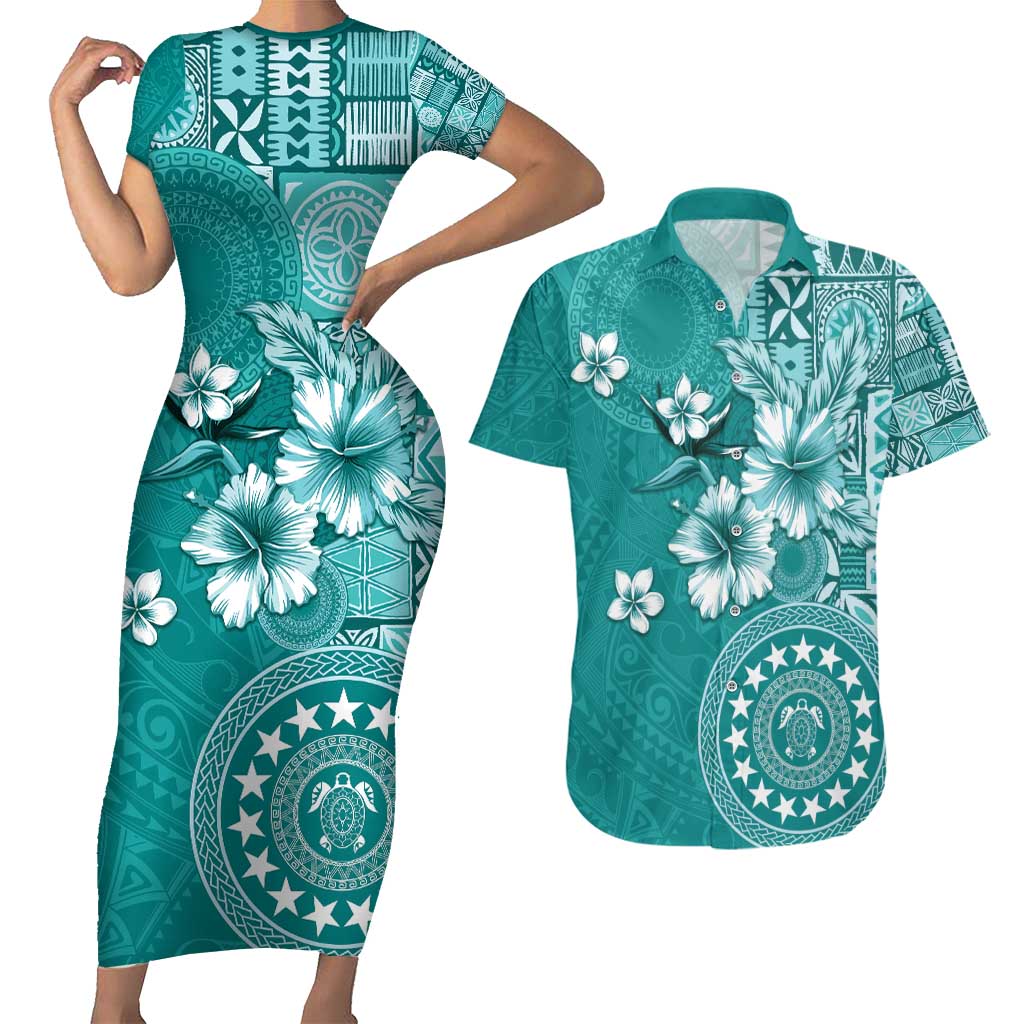 Cook Islands Couples Matching Short Sleeve Bodycon Dress and Hawaiian Shirt Teal Hibiscus And Stars LT05 Teal - Polynesian Pride