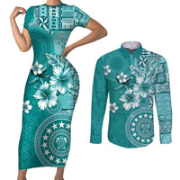 Cook Islands Couples Matching Short Sleeve Bodycon Dress and Long Sleeve Button Shirt Teal Hibiscus And Stars LT05 Teal - Polynesian Pride