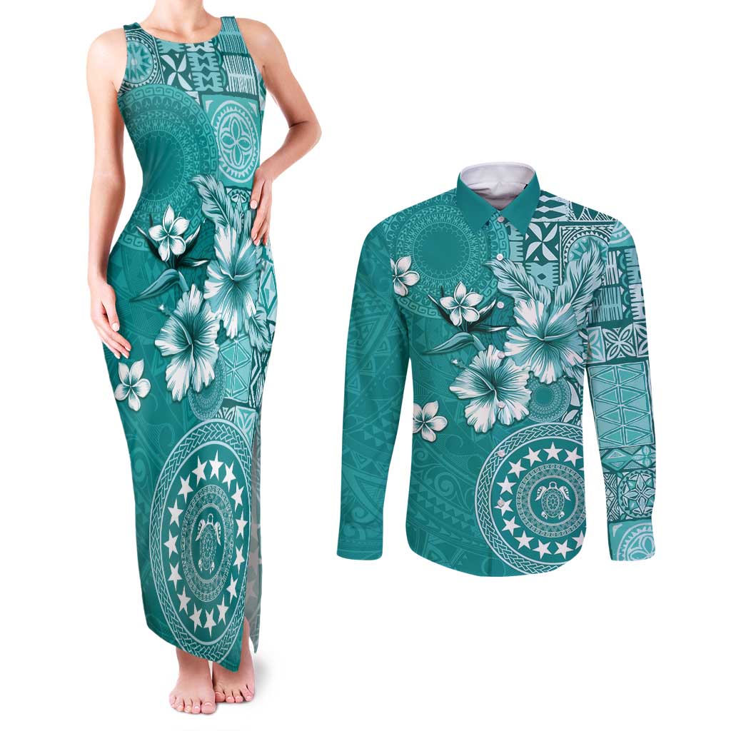 Cook Islands Couples Matching Tank Maxi Dress and Long Sleeve Button Shirt Teal Hibiscus And Stars LT05 Teal - Polynesian Pride
