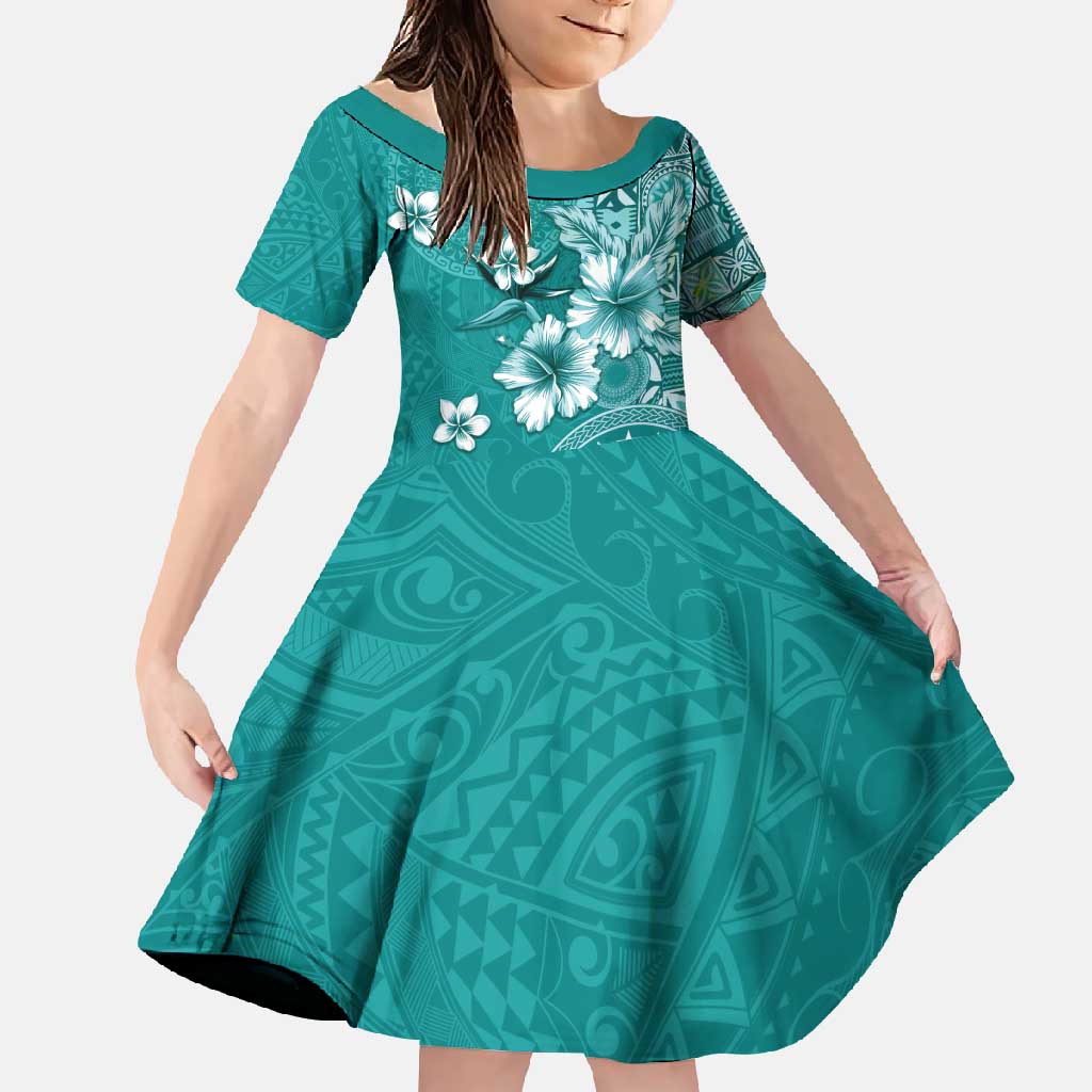 Cook Islands Family Matching Long Sleeve Bodycon Dress and Hawaiian Shirt Teal Hibiscus And Stars LT05 Daughter's Dress Teal - Polynesian Pride