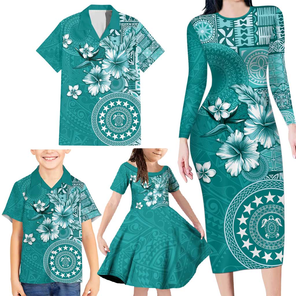 Cook Islands Family Matching Long Sleeve Bodycon Dress and Hawaiian Shirt Teal Hibiscus And Stars LT05 - Polynesian Pride