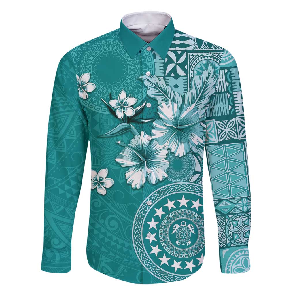 Cook Islands Family Matching Mermaid Dress and Hawaiian Shirt Teal Hibiscus And Stars LT05 Dad's Shirt - Long Sleeve Teal - Polynesian Pride
