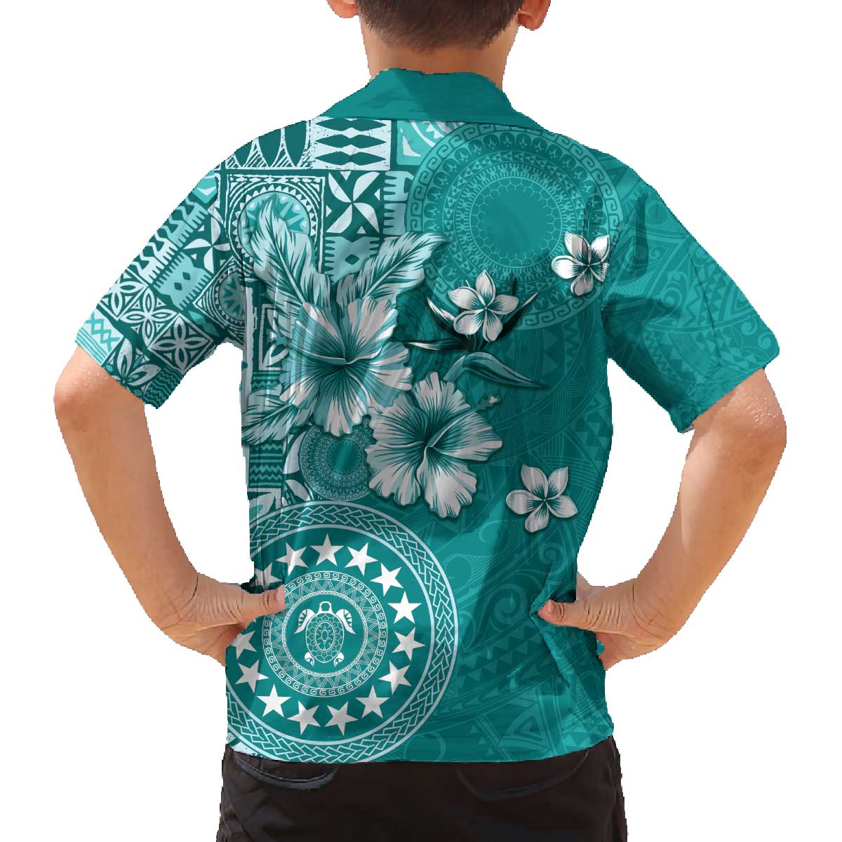 Cook Islands Family Matching Off The Shoulder Long Sleeve Dress and Hawaiian Shirt Teal Hibiscus And Stars