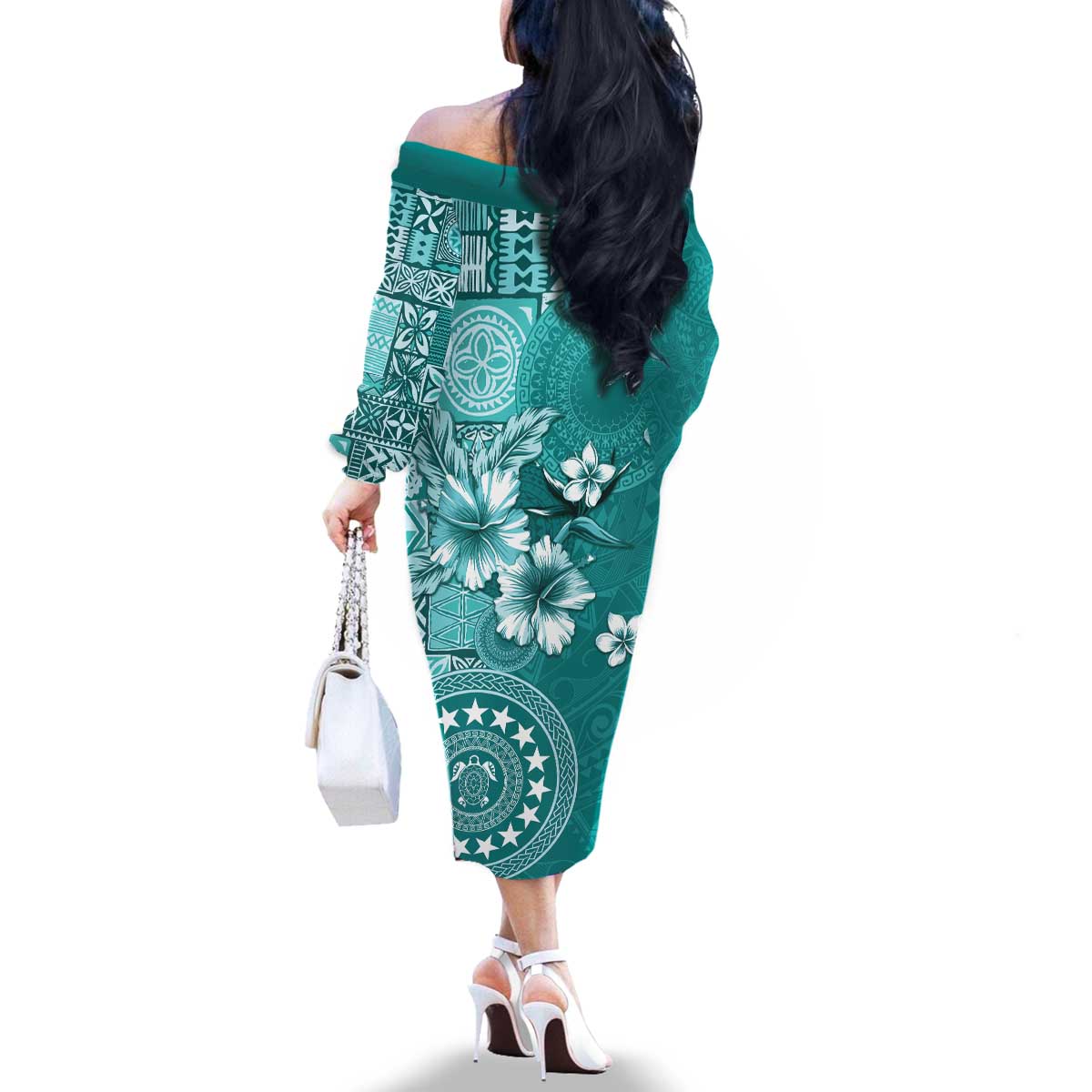 Cook Islands Family Matching Off The Shoulder Long Sleeve Dress and Hawaiian Shirt Teal Hibiscus And Stars
