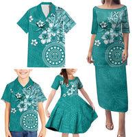 Cook Islands Family Matching Puletasi and Hawaiian Shirt Teal Hibiscus And Stars LT05 - Polynesian Pride