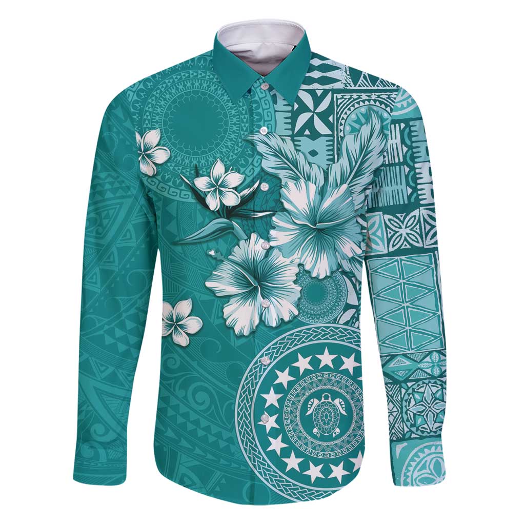 Cook Islands Family Matching Puletasi and Hawaiian Shirt Teal Hibiscus And Stars LT05 Dad's Shirt - Long Sleeve Teal - Polynesian Pride