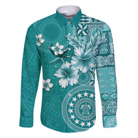 Cook Islands Family Matching Puletasi and Hawaiian Shirt Teal Hibiscus And Stars LT05 Dad's Shirt - Long Sleeve Teal - Polynesian Pride