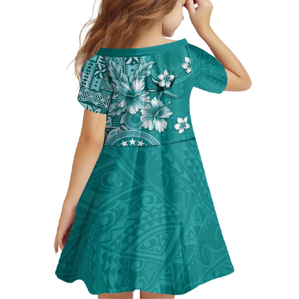 Cook Islands Family Matching Short Sleeve Bodycon Dress and Hawaiian Shirt Teal Hibiscus And Stars LT05 - Polynesian Pride