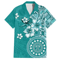 Cook Islands Family Matching Short Sleeve Bodycon Dress and Hawaiian Shirt Teal Hibiscus And Stars LT05 Dad's Shirt - Short Sleeve Teal - Polynesian Pride