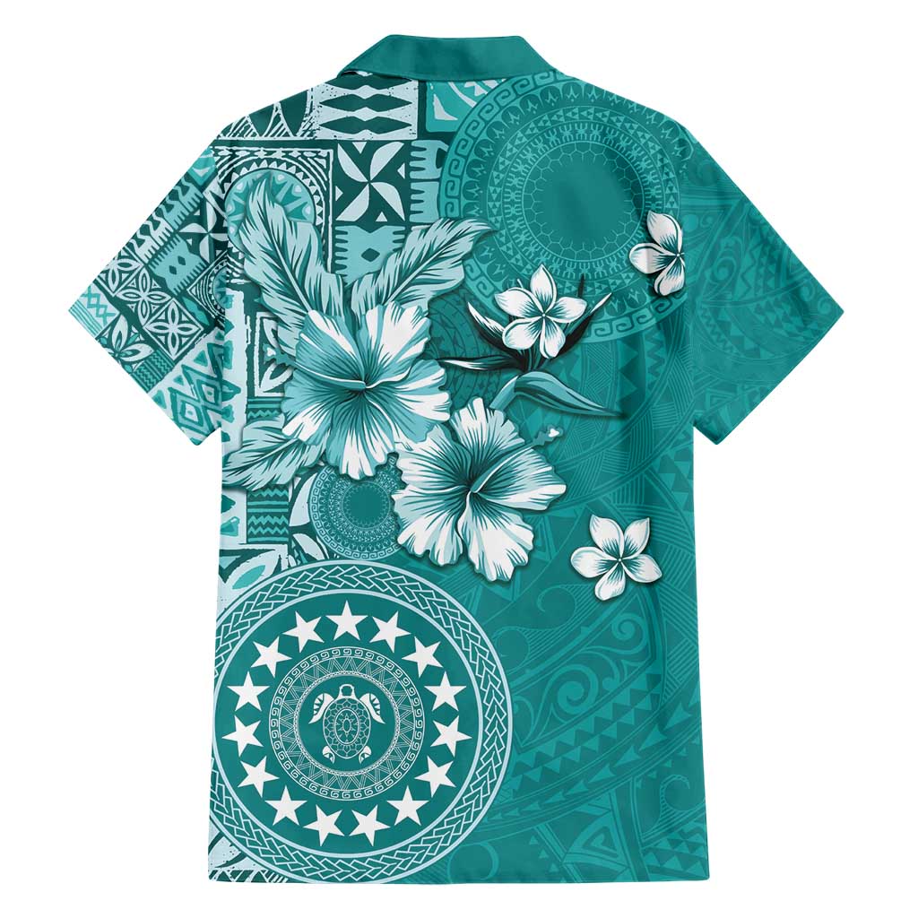 Cook Islands Family Matching Short Sleeve Bodycon Dress and Hawaiian Shirt Teal Hibiscus And Stars LT05 - Polynesian Pride