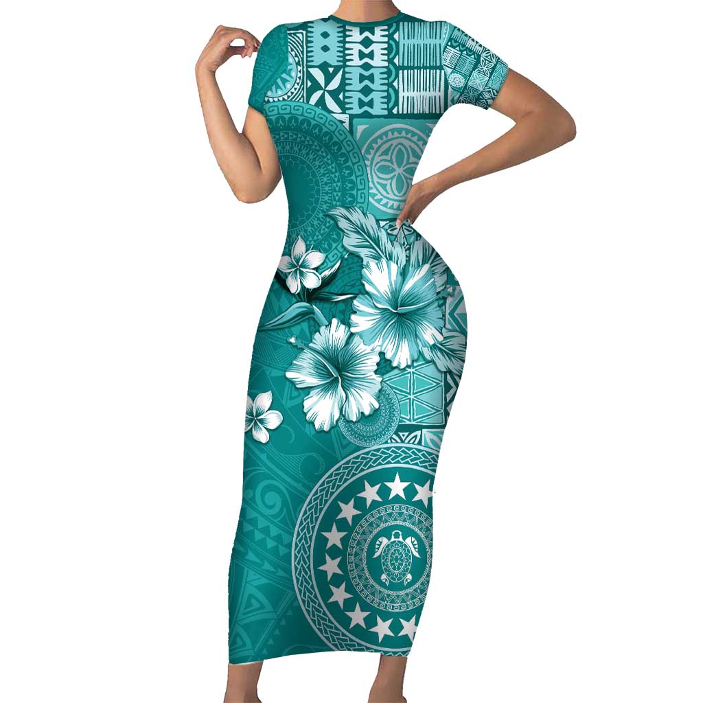 Cook Islands Family Matching Short Sleeve Bodycon Dress and Hawaiian Shirt Teal Hibiscus And Stars LT05 Mom's Dress Teal - Polynesian Pride