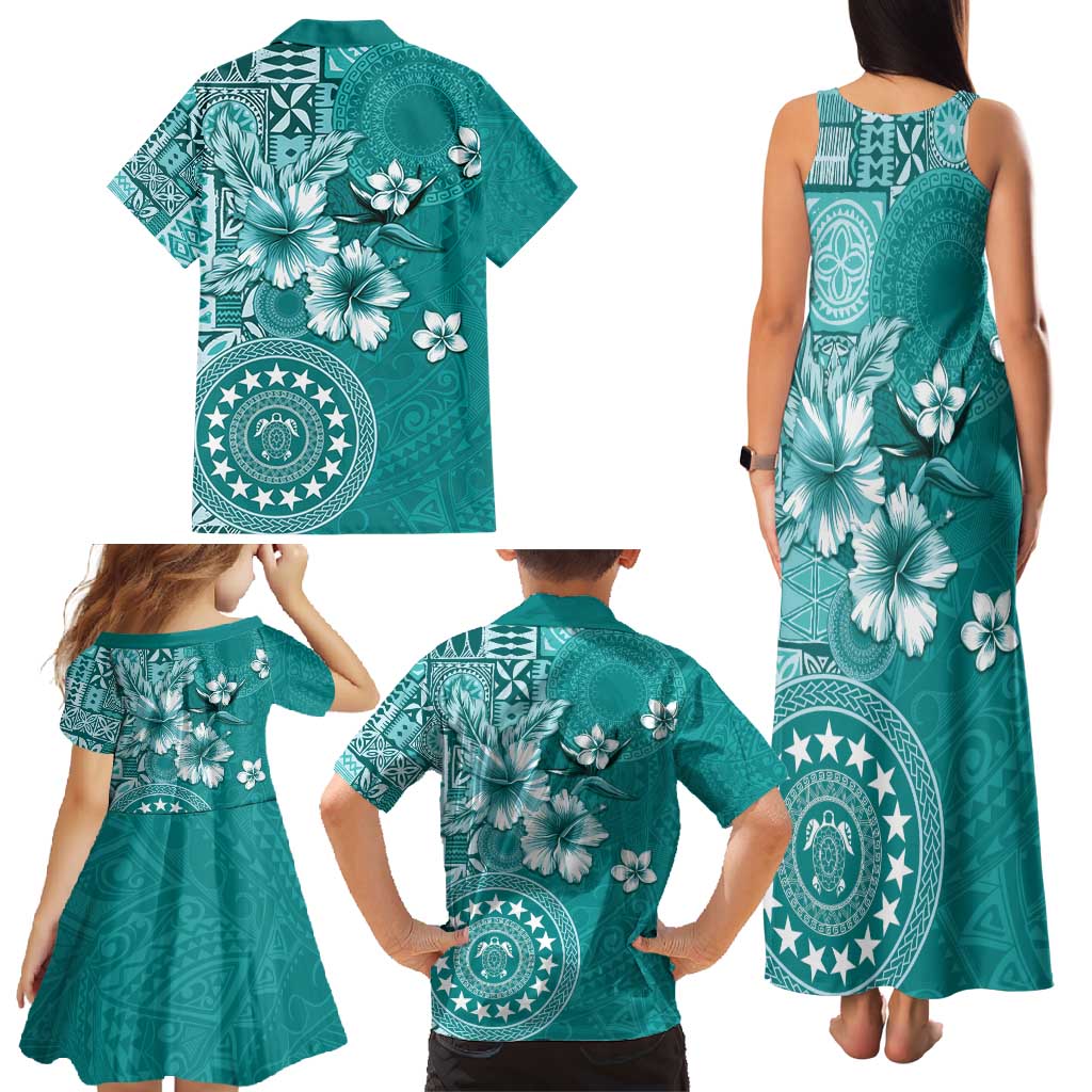 Cook Islands Family Matching Tank Maxi Dress and Hawaiian Shirt Teal Hibiscus And Stars LT05 - Polynesian Pride