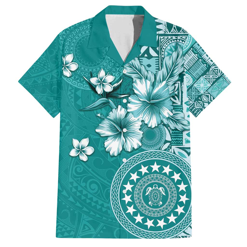 Cook Islands Family Matching Tank Maxi Dress and Hawaiian Shirt Teal Hibiscus And Stars LT05 Dad's Shirt - Short Sleeve Teal - Polynesian Pride