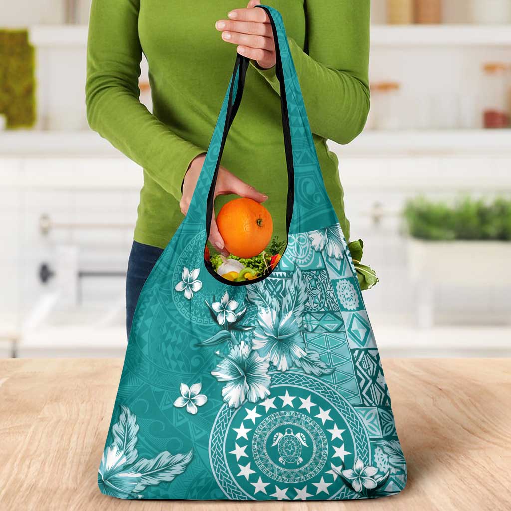 Cook Islands Grocery Bag Teal Hibiscus And Stars