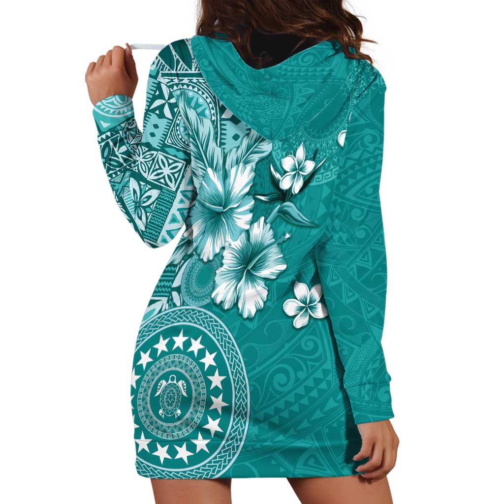 Cook Islands Hoodie Dress Teal Hibiscus And Stars