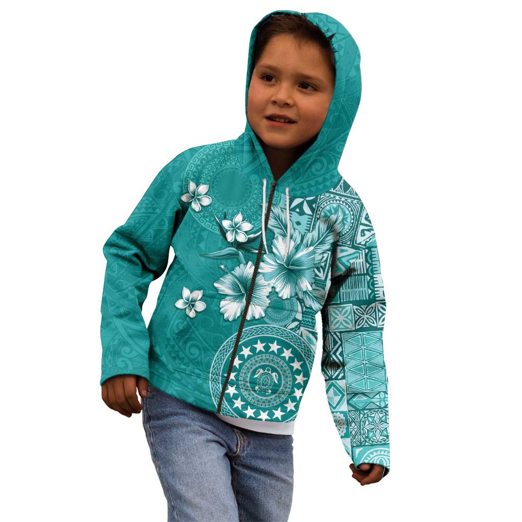 Cook Islands Kid Hoodie Teal Hibiscus And Stars