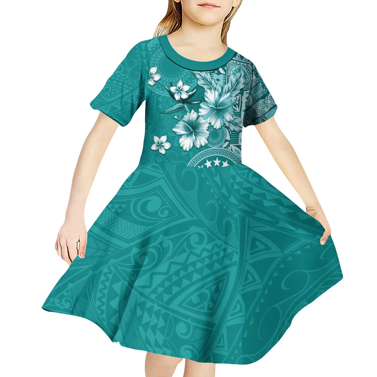 Cook Islands Kid Short Sleeve Dress Teal Hibiscus And Stars