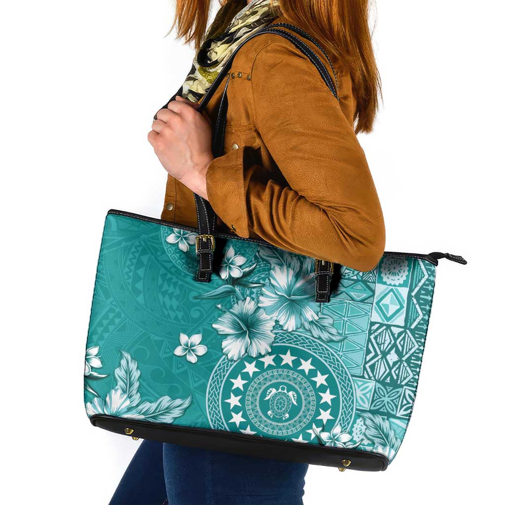 Cook Islands Leather Tote Bag Teal Hibiscus And Stars LT05 Teal - Polynesian Pride