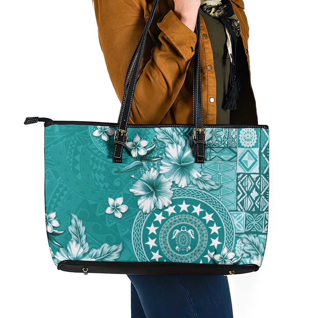Cook Islands Leather Tote Bag Teal Hibiscus And Stars LT05 - Polynesian Pride