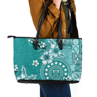 Cook Islands Leather Tote Bag Teal Hibiscus And Stars LT05 - Polynesian Pride