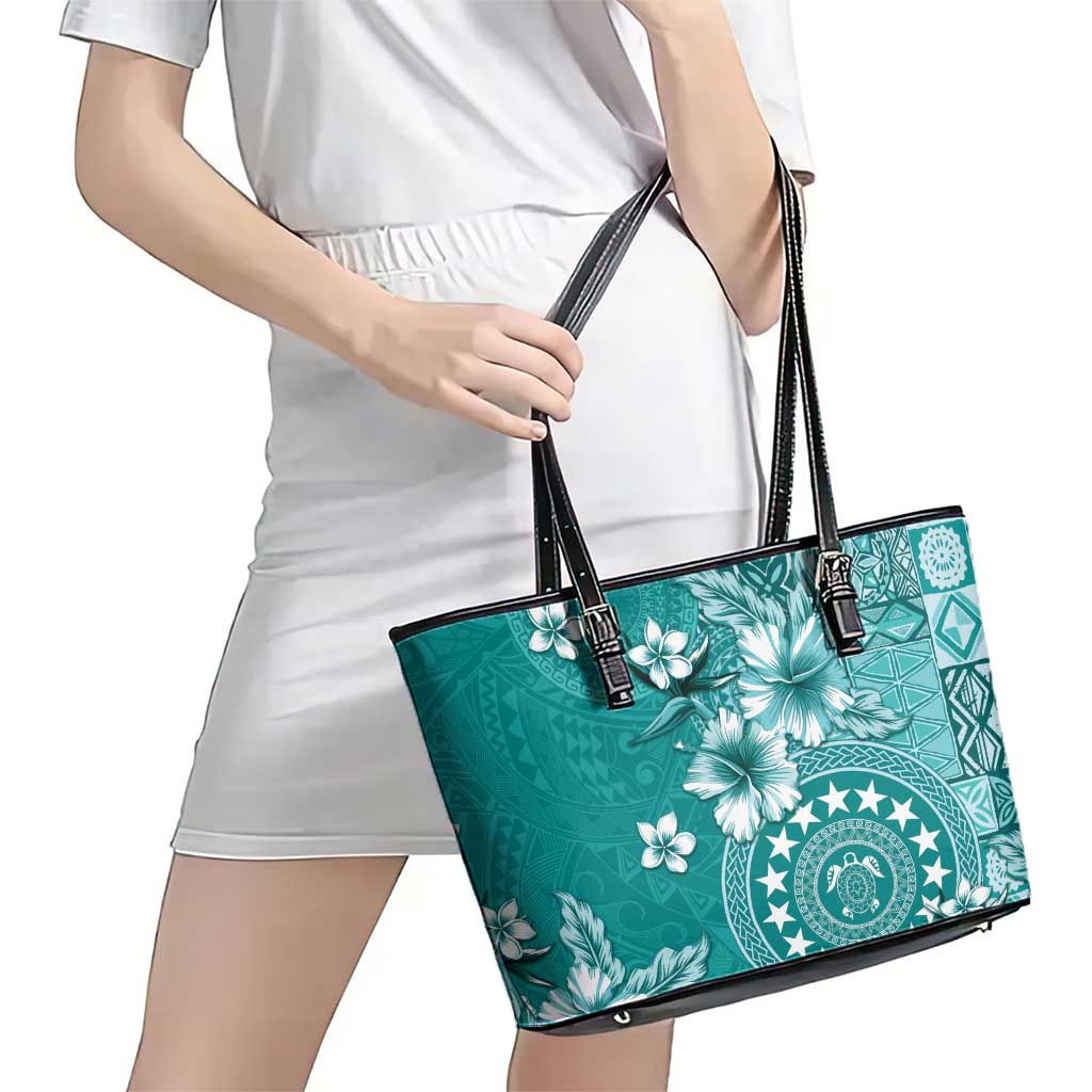 Cook Islands Leather Tote Bag Teal Hibiscus And Stars LT05 - Polynesian Pride