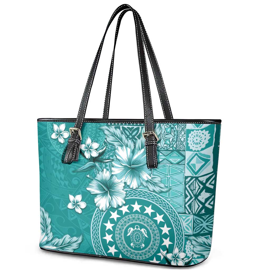 Cook Islands Leather Tote Bag Teal Hibiscus And Stars LT05 - Polynesian Pride