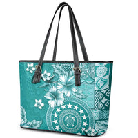 Cook Islands Leather Tote Bag Teal Hibiscus And Stars LT05 - Polynesian Pride
