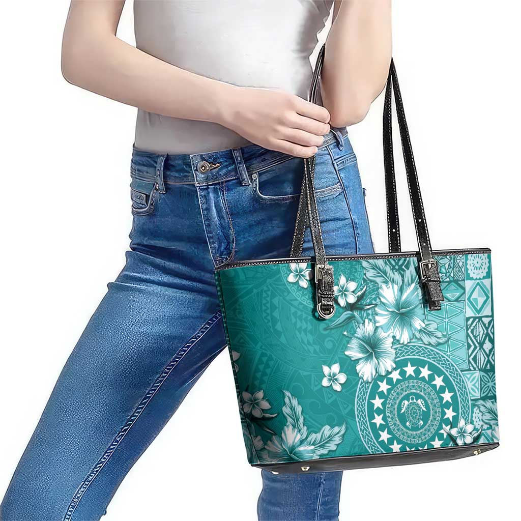 Cook Islands Leather Tote Bag Teal Hibiscus And Stars LT05 - Polynesian Pride