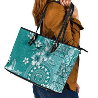 Cook Islands Leather Tote Bag Teal Hibiscus And Stars LT05 - Polynesian Pride