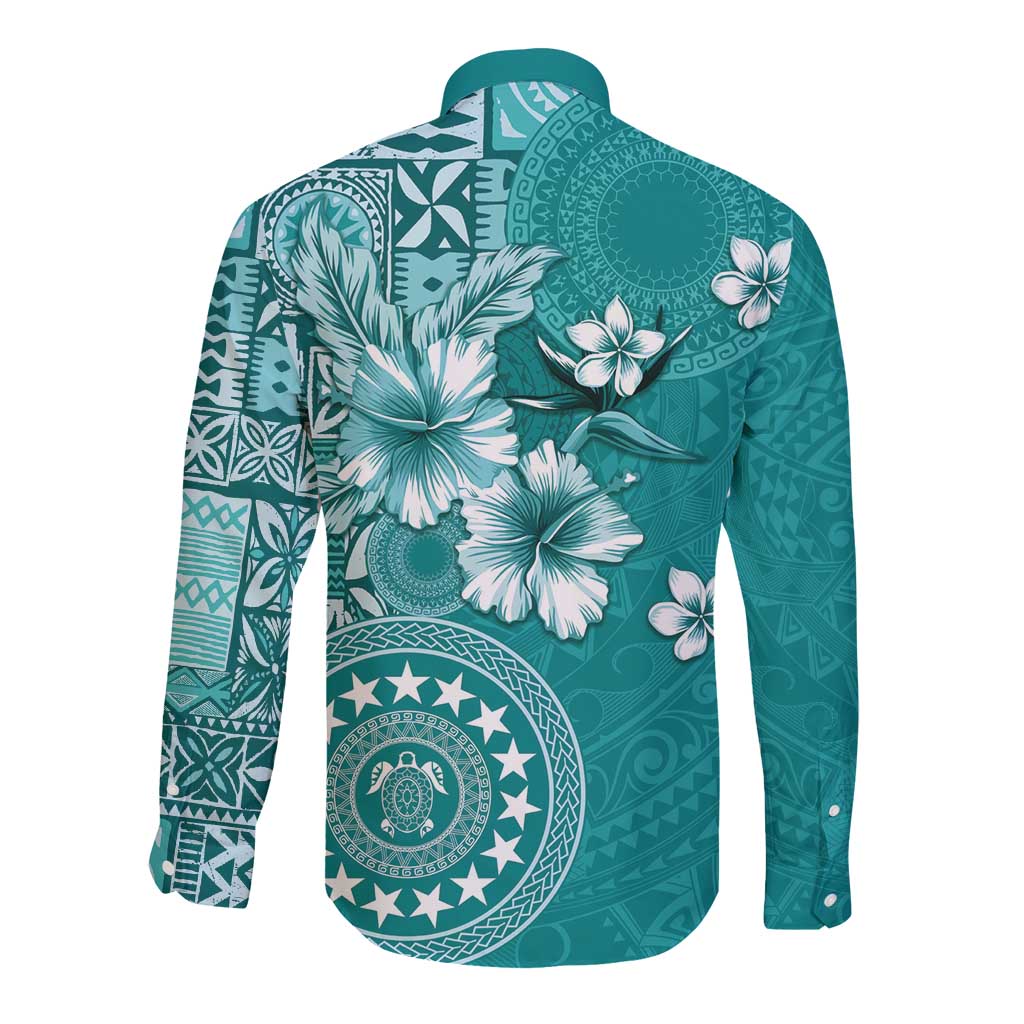 Cook Islands Long Sleeve Button Shirt Teal Hibiscus And Stars