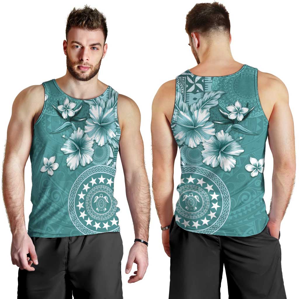 Cook Islands Men Tank Top Teal Hibiscus And Stars