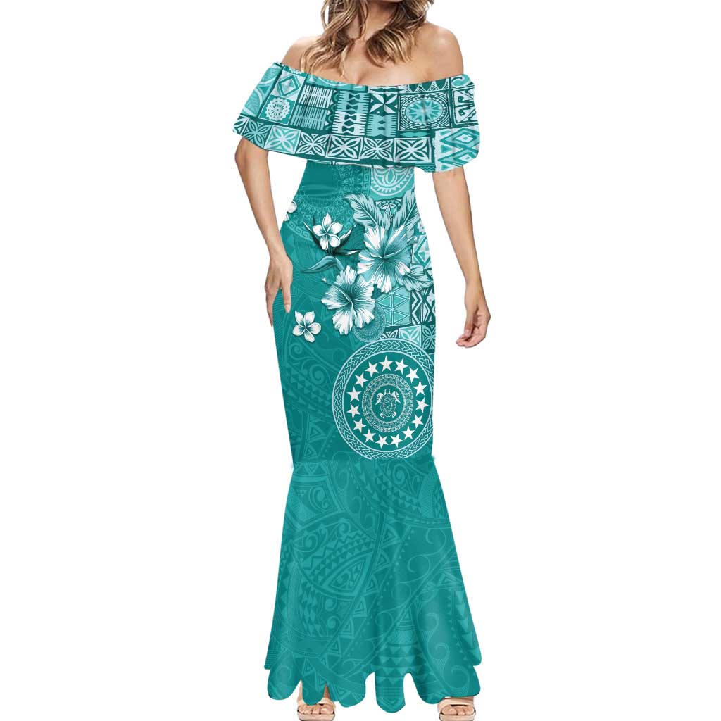 Cook Islands Mermaid Dress Teal Hibiscus And Stars