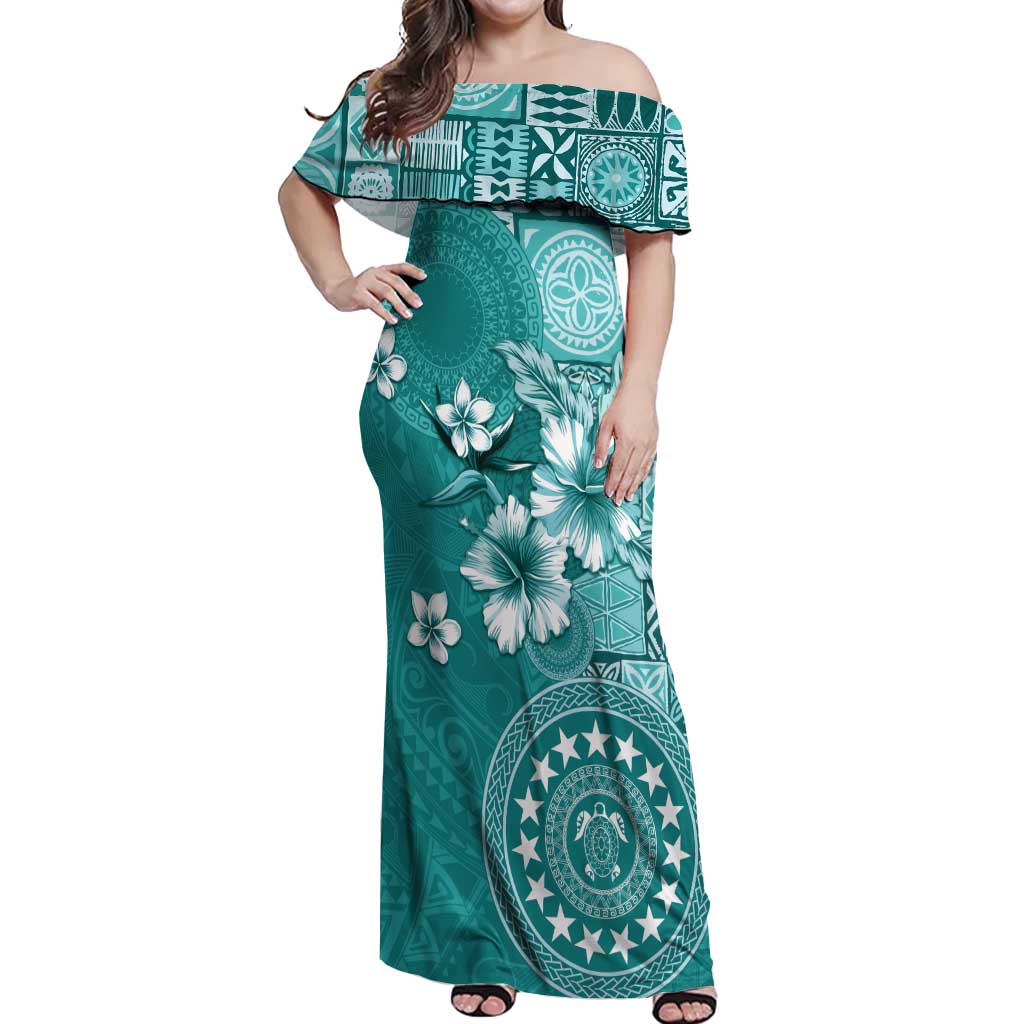 Cook Islands Off Shoulder Maxi Dress Teal Hibiscus And Stars