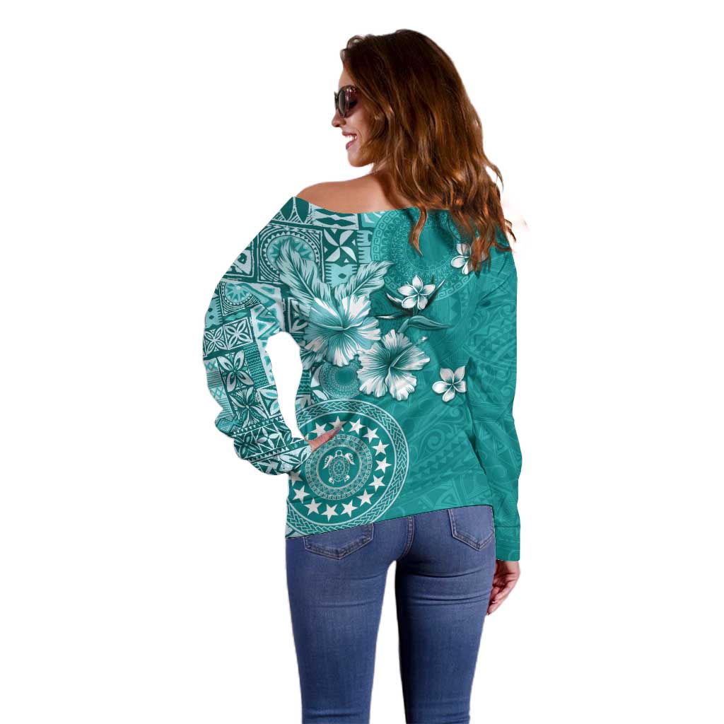 Cook Islands Off Shoulder Sweater Teal Hibiscus And Stars