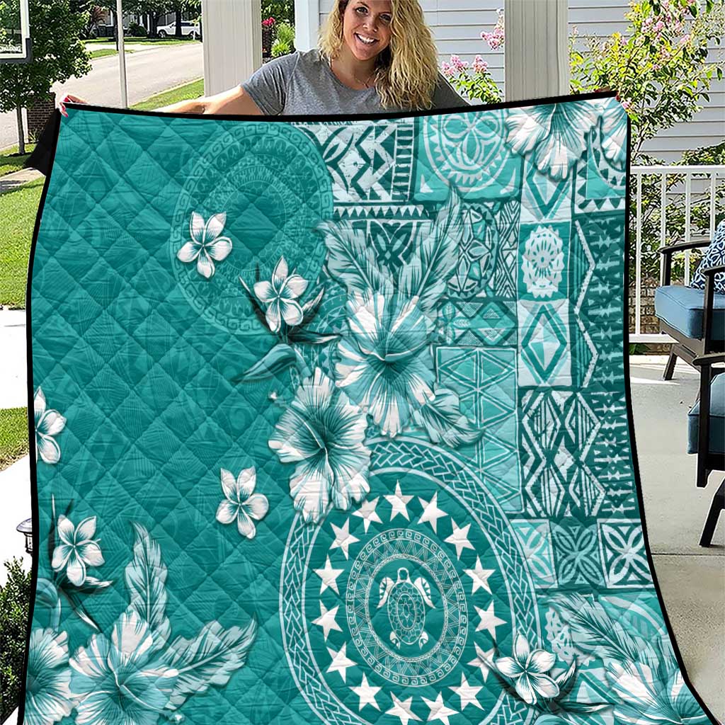 Cook Islands Quilt Teal Hibiscus And Stars LT05 Teal - Polynesian Pride
