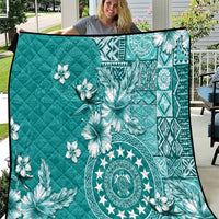 Cook Islands Quilt Teal Hibiscus And Stars LT05 Teal - Polynesian Pride